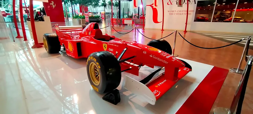 Formula One car display area with branded flooring at Ferrari World Abu Dhabi