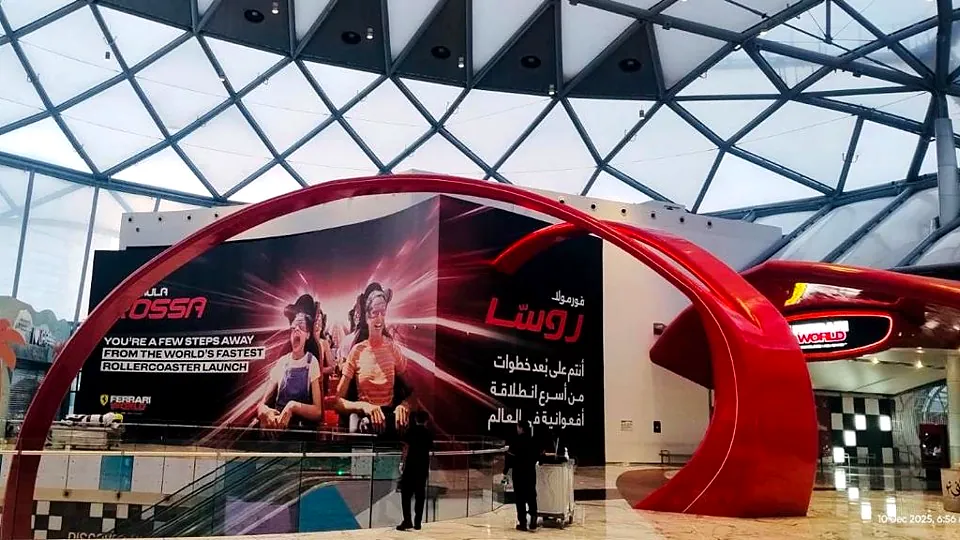 Large printed wall graphic for Formula Rossa at Ferrari World Abu Dhabi