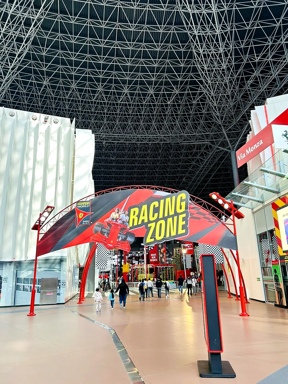 Racing Zone themed entrance arch and branding at Ferrari World Abu Dhabi