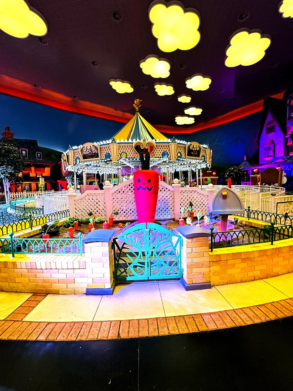 Colourful themed carousel decor and props in an Abu Dhabi indoor theme park