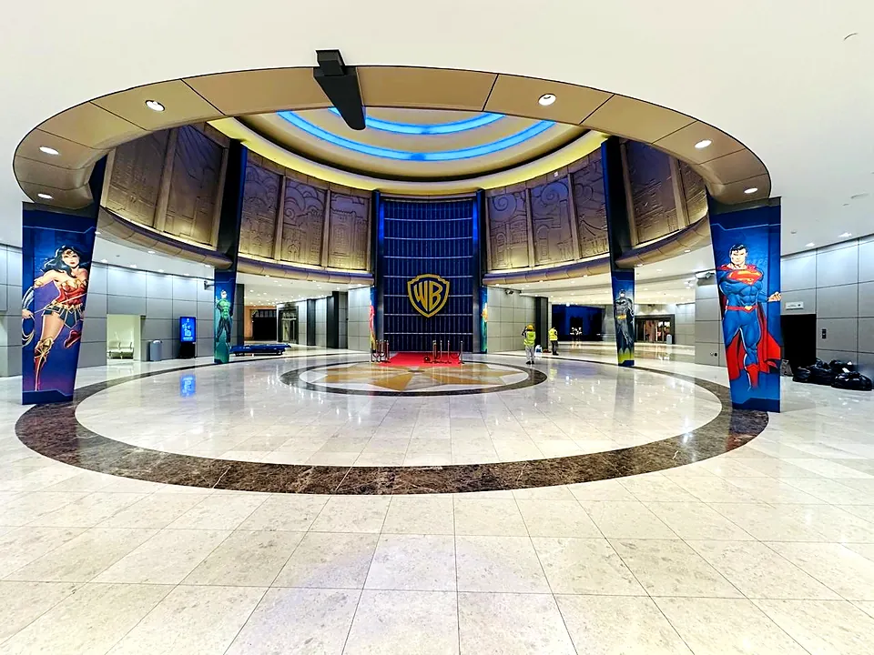 Lobby branding with large character banners at Warner Bros. World Abu Dhabi